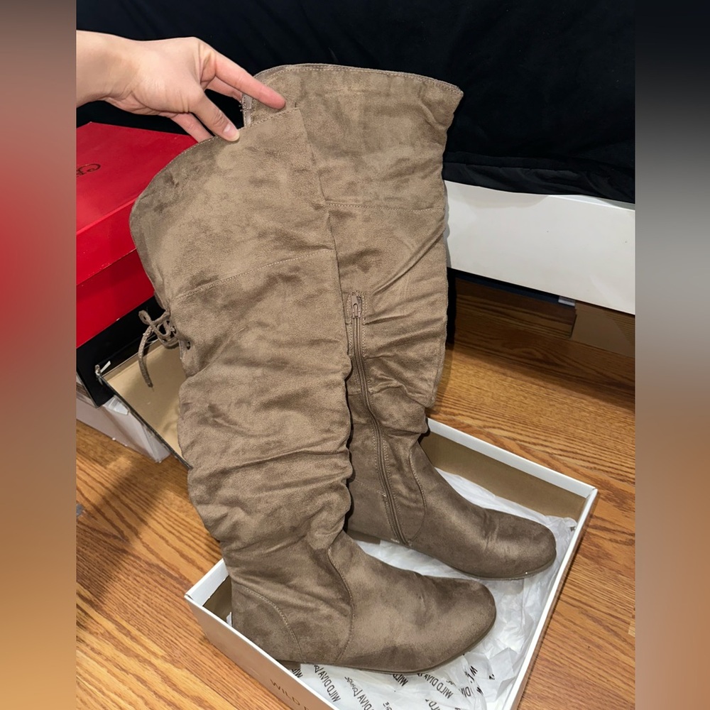 Taupe Suede Over The Knee Flat Heeled Boot